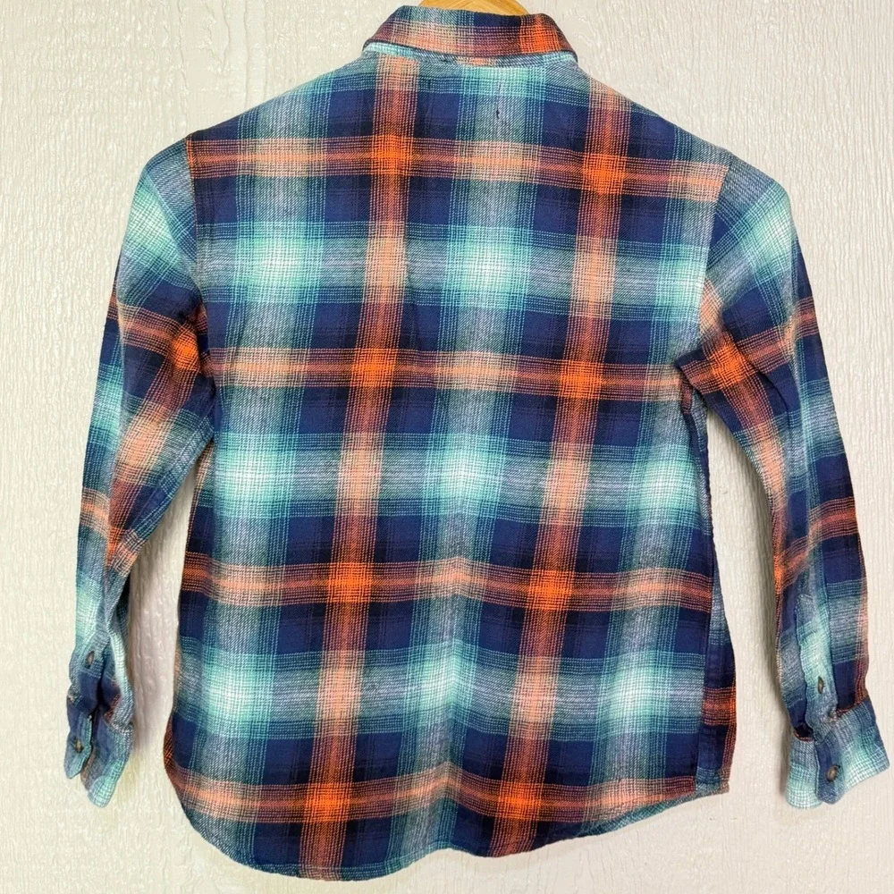 Old Navy Boys Blue Orange Plaid Flannel Button Down Shirt L 10-12 Soft!